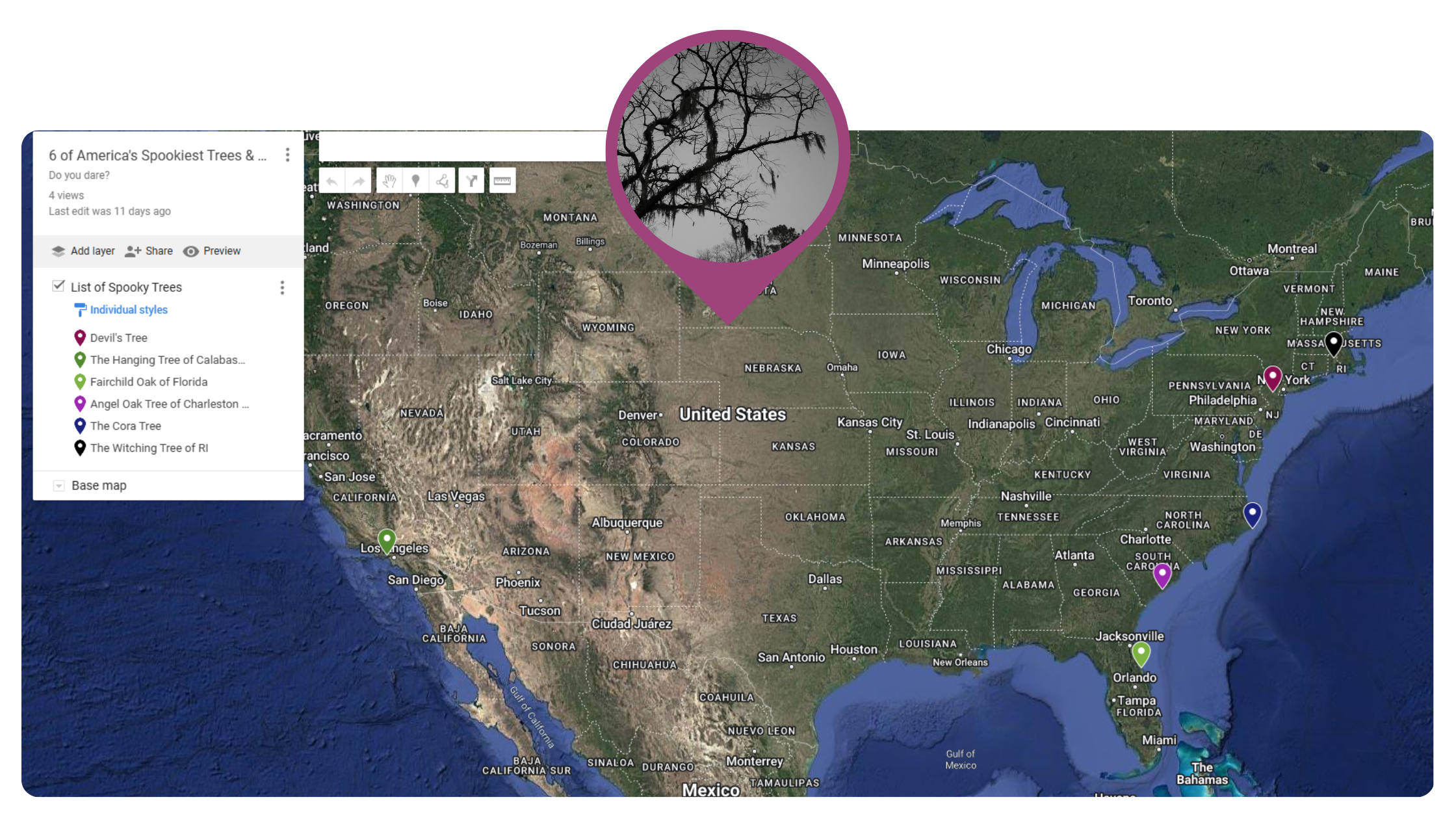 Google Map of America's Spookiest Trees